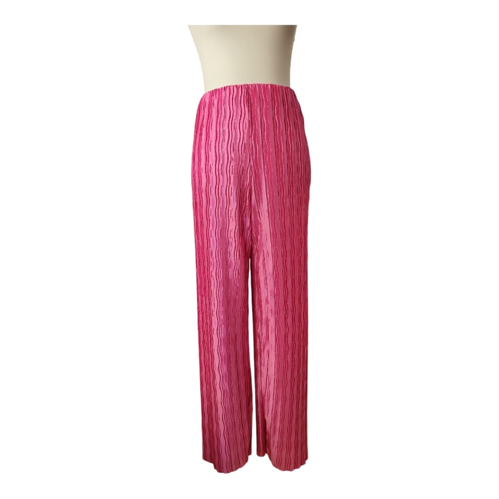 💕Papermoon Pink Satin Textured Wide Leg Pants Size S High Waist Elastic Waistba